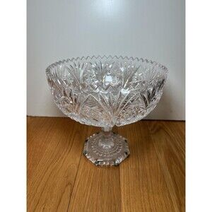 Vintage Clear Crystal Compote Pedestal Bowl Starburst Sawtooth Rim Unmarked